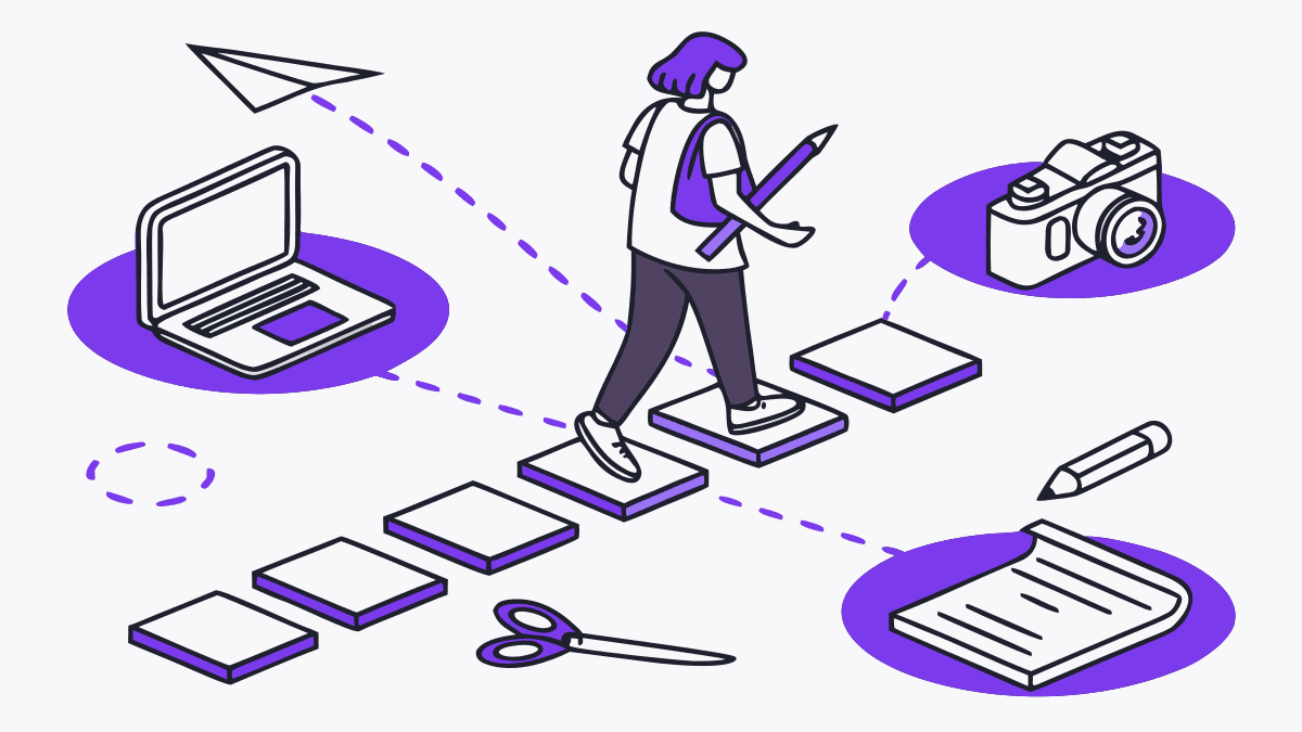 A person at a crossroads, each path leading to a different trade tool