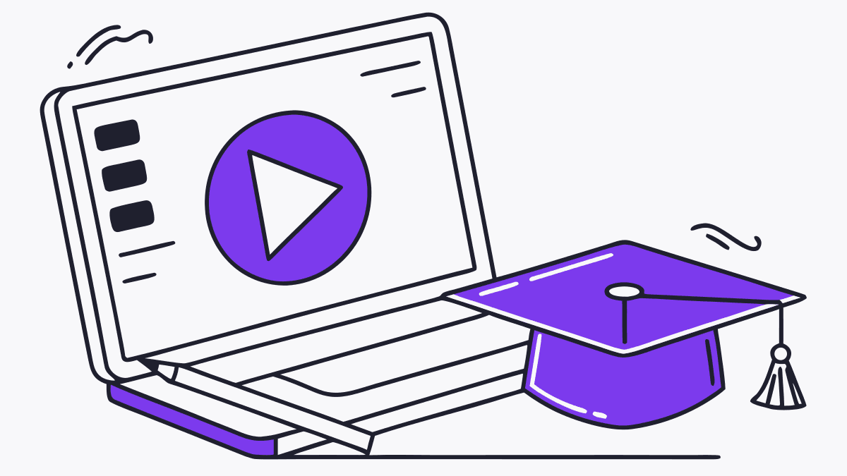 A laptop showing a play button, a graduation cap beside it