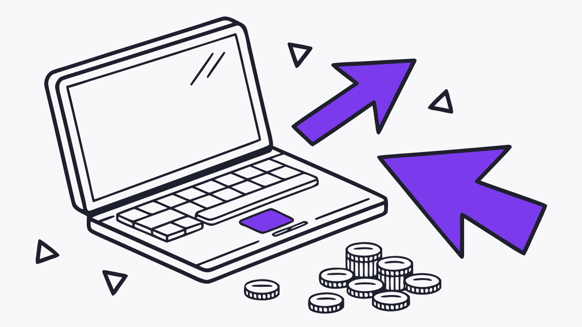 A laptop with coins and cursor arrows flowing out of it