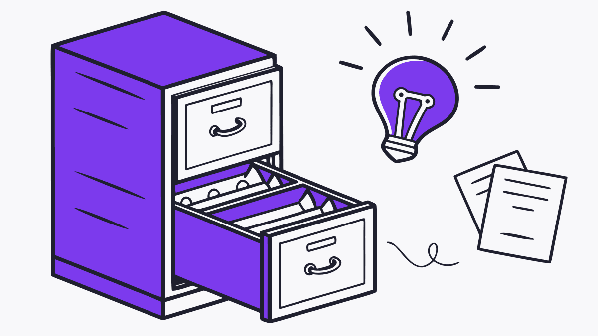 Two filing cabinets side by side, one open drawer full of glowing light bulbs