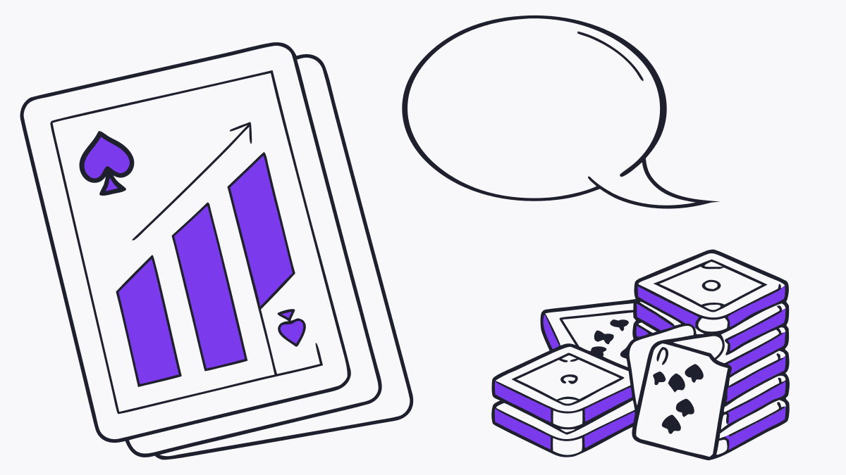 An empty speech bubble facing a stack of cards topped with a bar chart