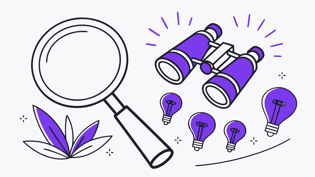 A magnifying glass and binoculars above glowing light bulbs