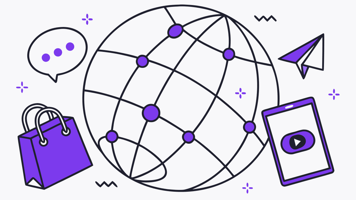 A globe of connected dots orbited by a bag, a play button and a phone