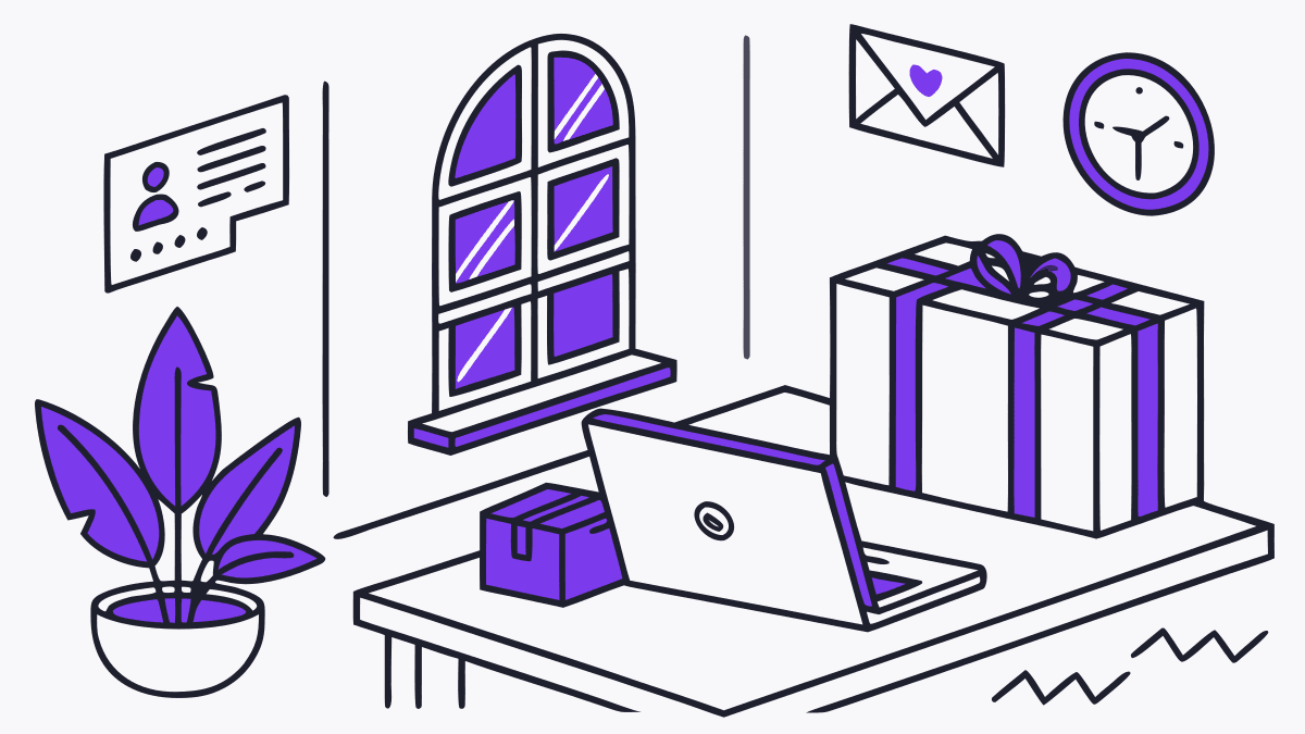 A home business on a kitchen table: laptop, parcels and plants
