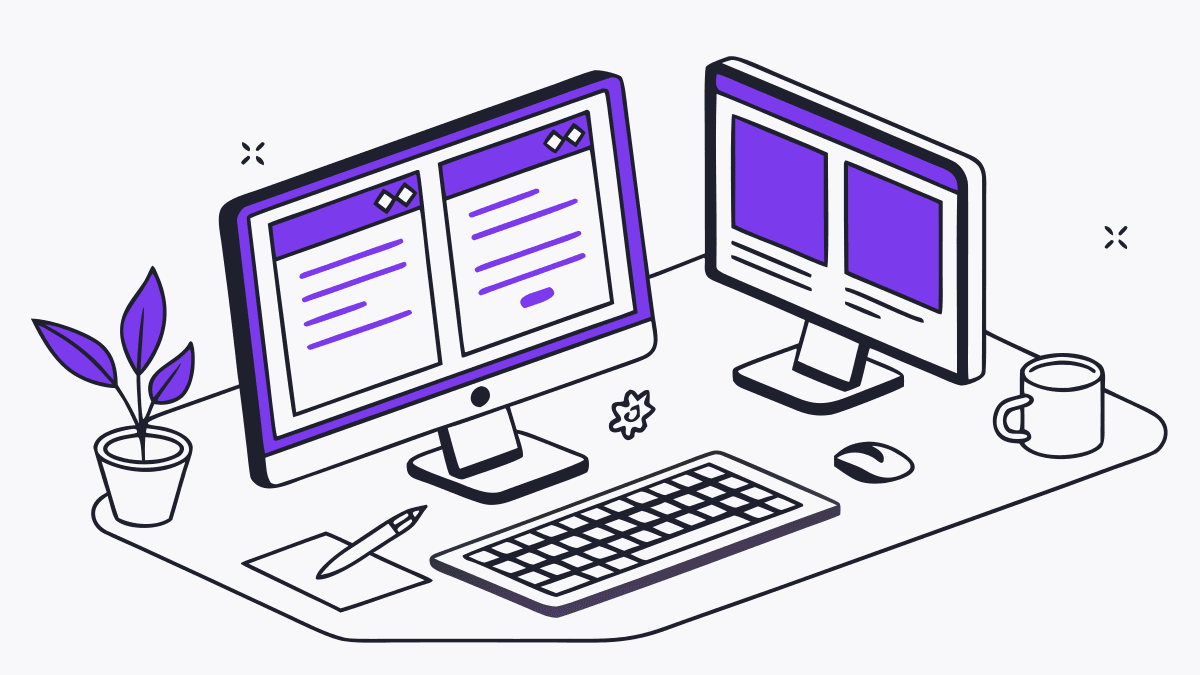 A developer desk with two monitors, a keyboard and a mug