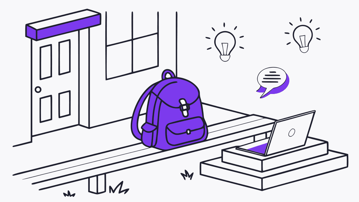 A student backpack and laptop on a bench, light bulbs floating above