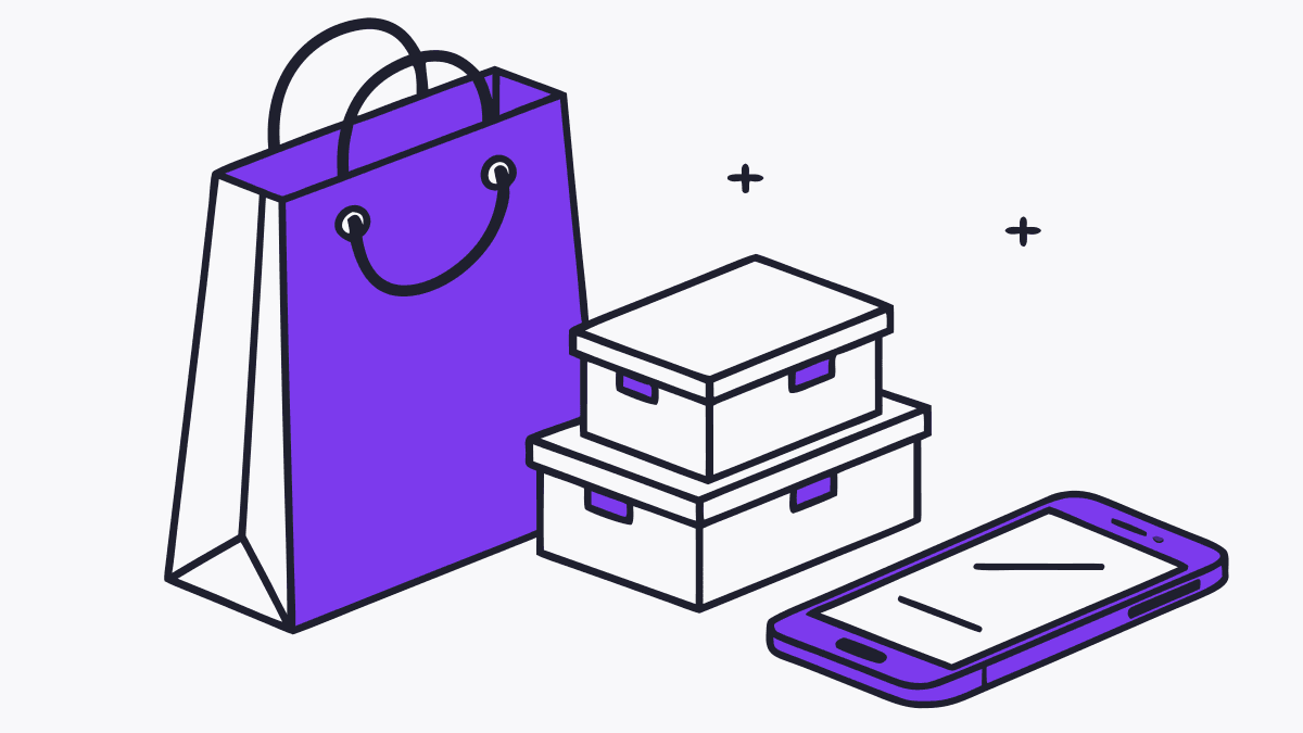 A shopping bag, delivery boxes and a phone