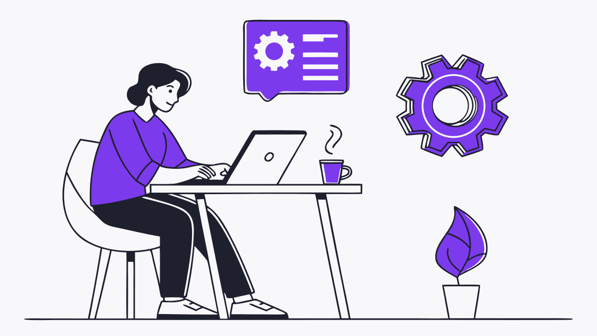 A solo founder at a laptop with a single app tile floating above it