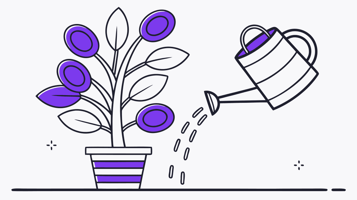A plant with coins for leaves, watered by a small watering can